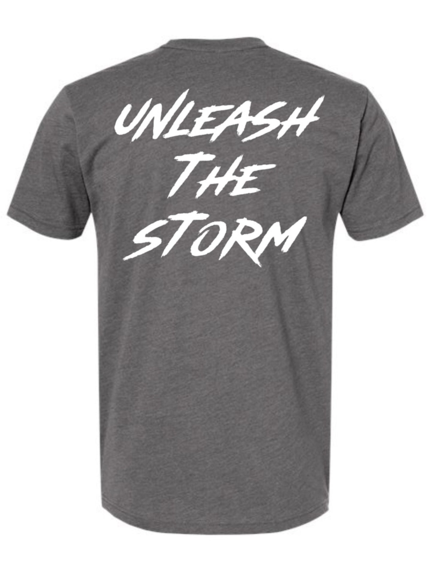 Gray t-shirt with 'Unleash The Storm' text on the back against a white background