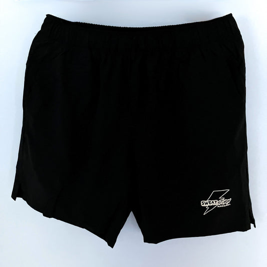 Black shorts with a white Sweat Storm Apparel logo on a white background