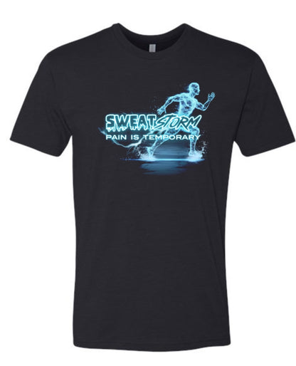 Black t-shirt with a graphic of a person running and text 'SWEATSTORM Pain is Temporary' on a white background.