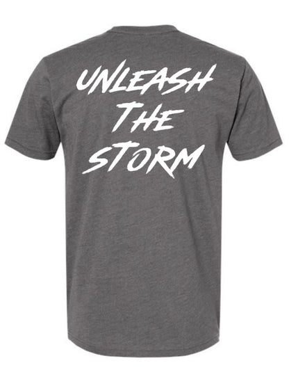 Gray t-shirt with 'Unleash The Storm' text on the back against a white background