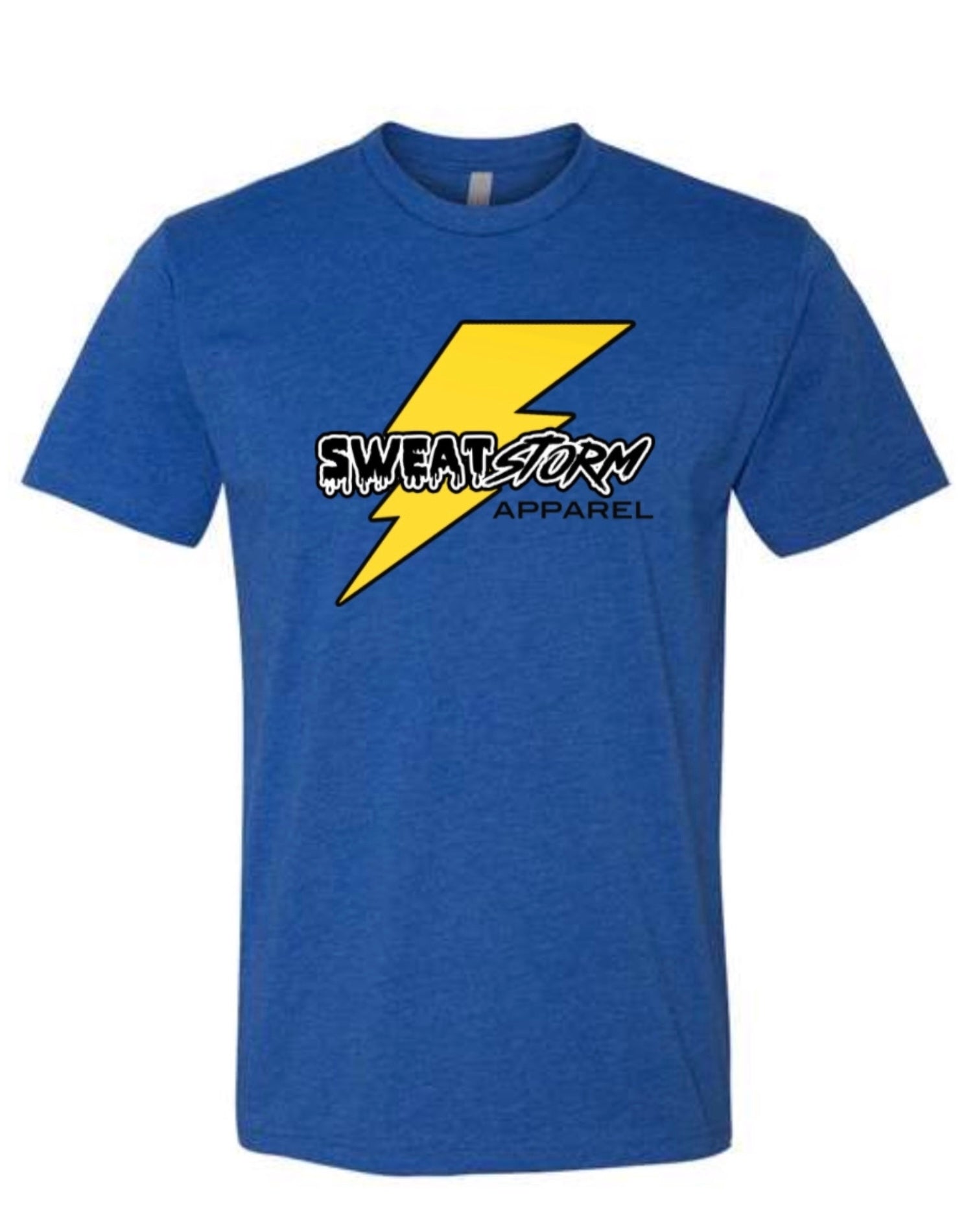 Blue t-shirt with yellow lightning bolt and 'Sweat Storm Apparel' text on a white background