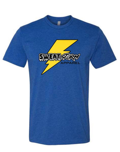 Blue t-shirt with yellow lightning bolt and 'Sweat Storm Apparel' text on a white background
