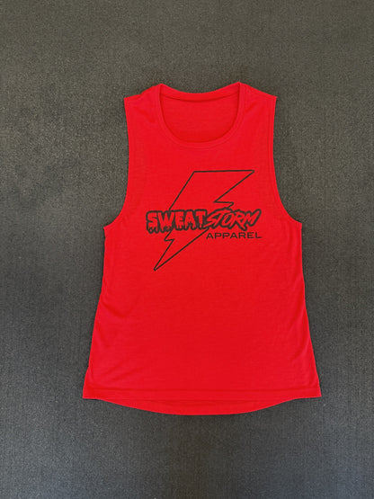 Red tank top with 'Sweat Storm Apparel' logo on a gray background