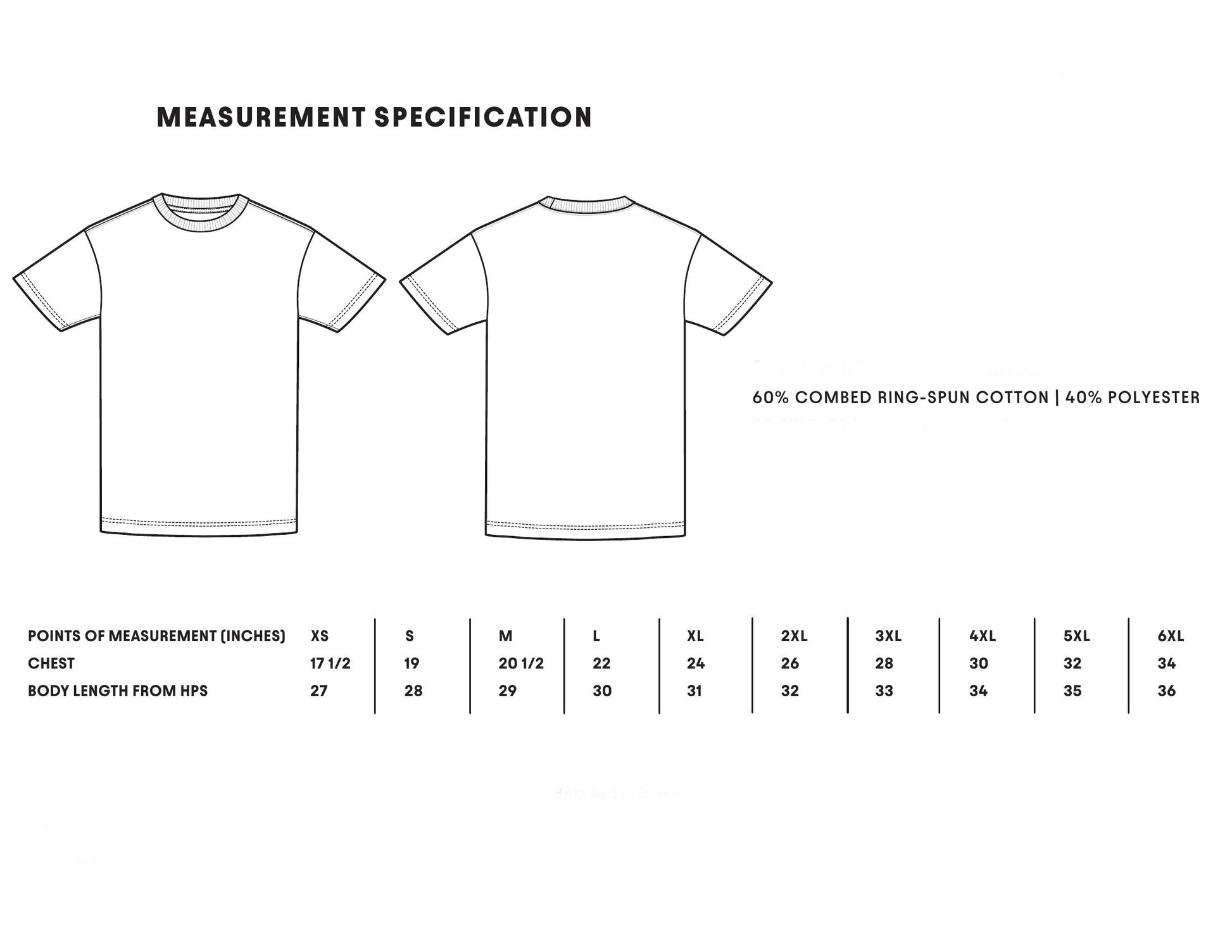 Measurement specification chart for a t-shirt with size chart on a white background