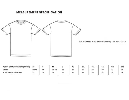 Measurement specification chart for a t-shirt with size chart on a white background